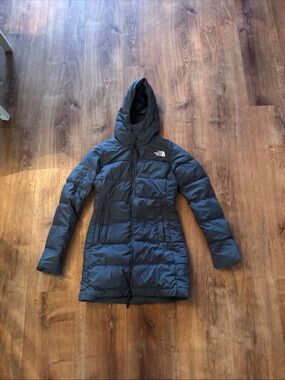 The North Face Women's Hooded Long Puffer Coat in Charcoal Gray